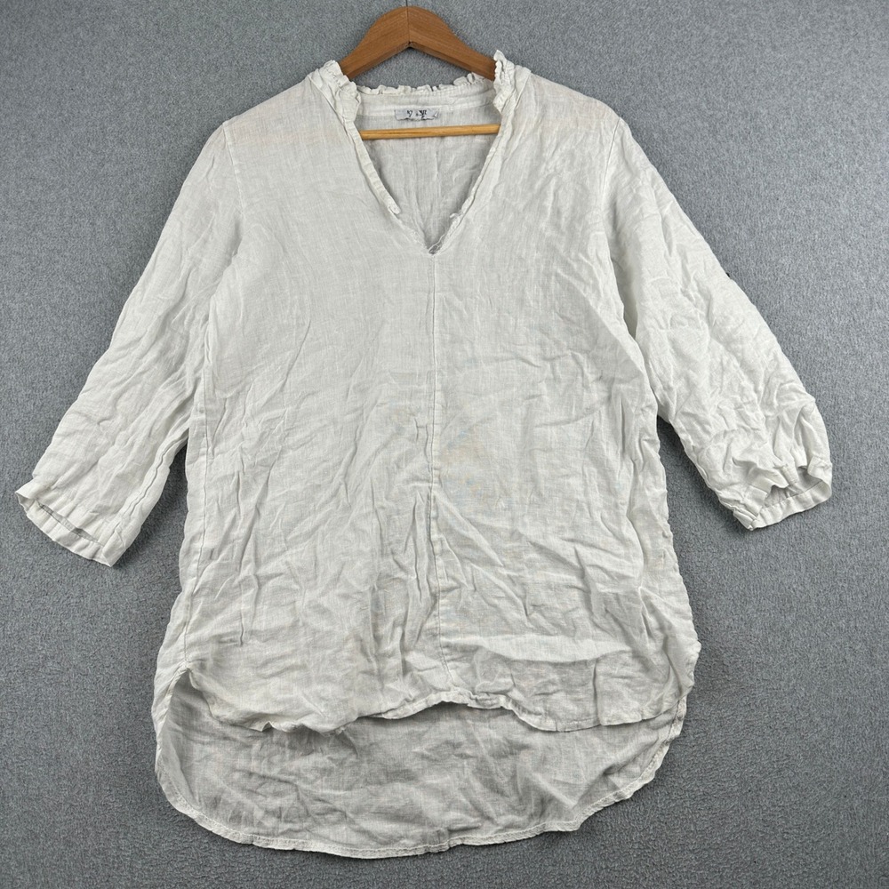Rosemarine Linen Tunic Womens S White Ruffle Neck Made in Italy V-Neck Top